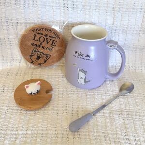 Cute kitty light pastel purple ceramic cup with lid, spoon and cat coaster